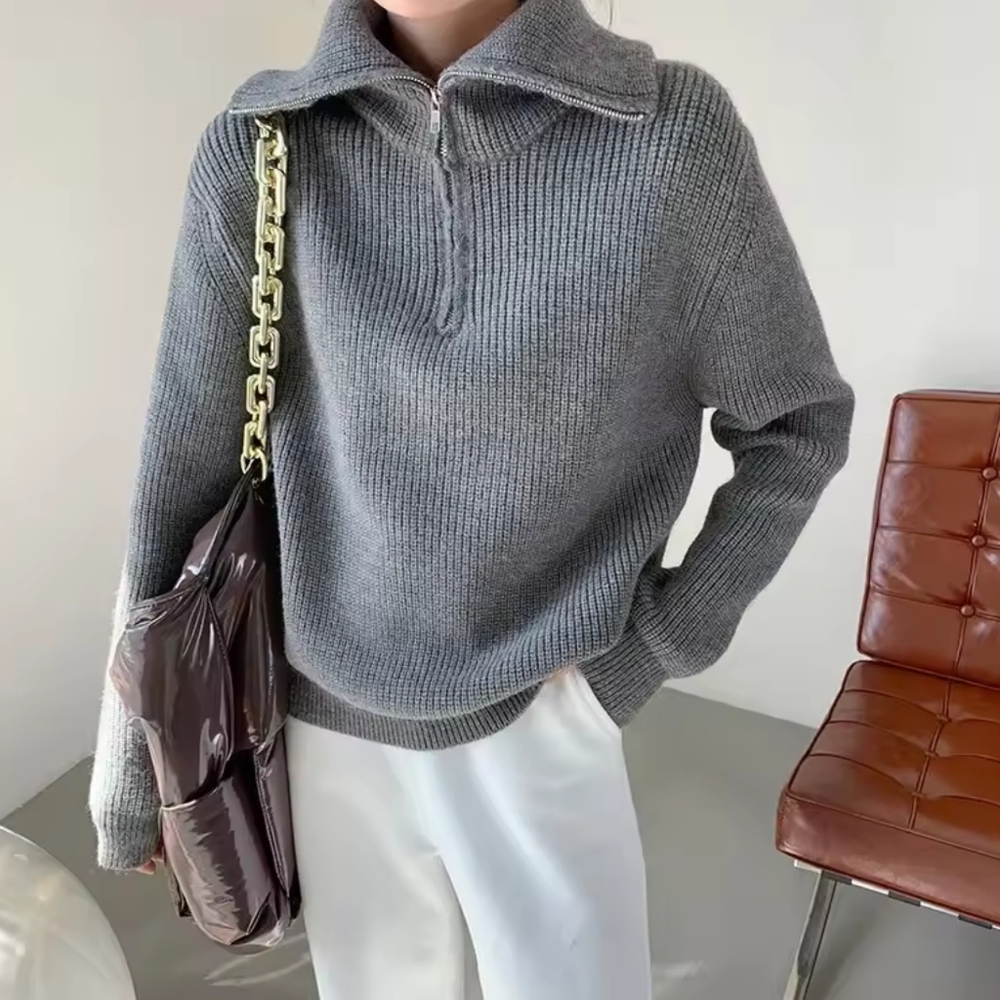 Sweaters Solid Grey Ladies Turtleneck Casual Loose Thick Zippers Pullovers - Picture 4 of 7